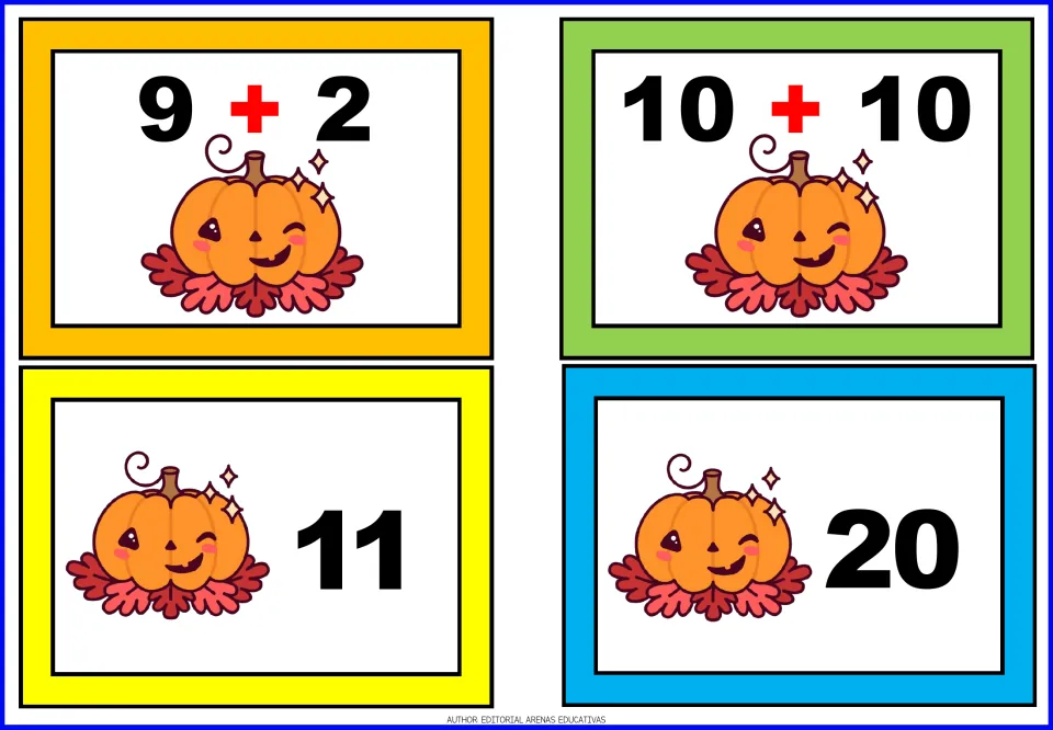 Pumpkin addition matching cards 17–20: two problem cards showing 9 + 2 and 10 + 10, plus answer cards 11 and 20