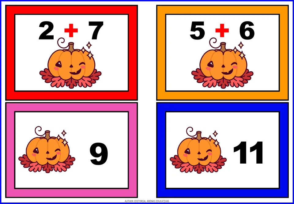 Pumpkin addition matching cards 21–24: two problem cards showing 2 + 7 and 5 + 6, plus answer cards 9 and 11