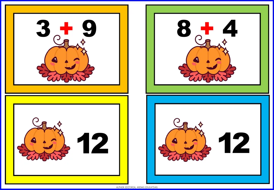 Pumpkin addition matching cards 25–28: two problem cards showing 3 + 9 and 8 + 4, plus two answer cards showing 12