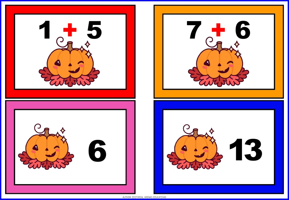 Pumpkin addition matching cards 29–32: two problem cards showing 1 + 5 and 7 + 6, plus answer cards 6 and 13