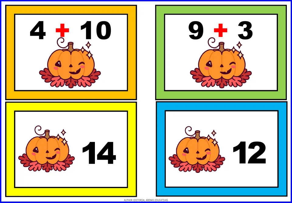 Pumpkin addition matching cards 33–36: two problem cards showing 4 + 10 and 9 + 3, plus answer cards 14 and 12
