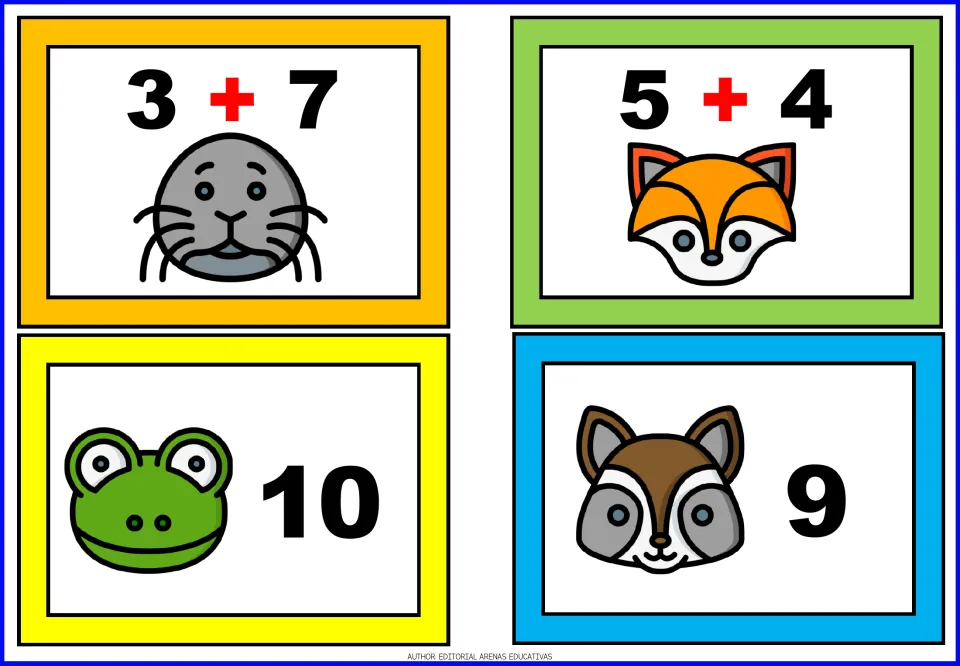 Animal addition matching cards 1–4: seal 3 + 7, fox 5 + 4, frog answer 10, and raccoon answer 9