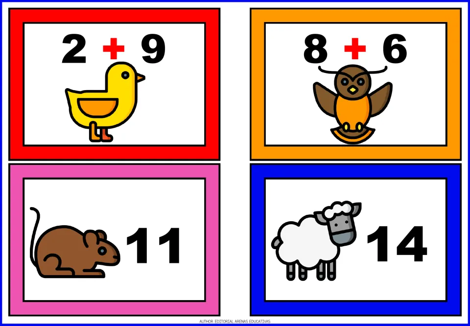 Animal addition matching cards 5–8: duck 2 + 9, owl 8 + 6, mouse answer 11, and sheep answer 14