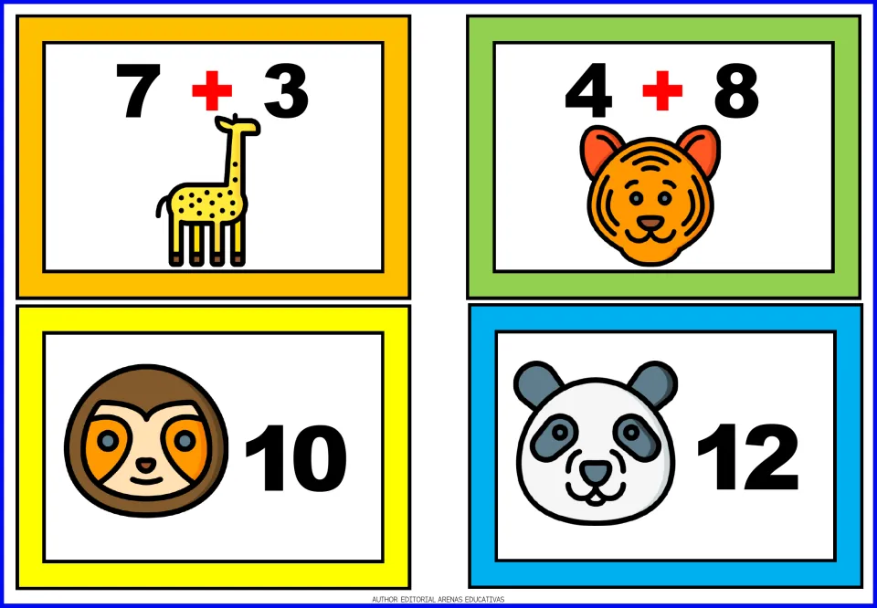 Animal addition matching cards 9–12: giraffe 7 + 3, tiger 4 + 8, sloth answer 10, and panda answer 12