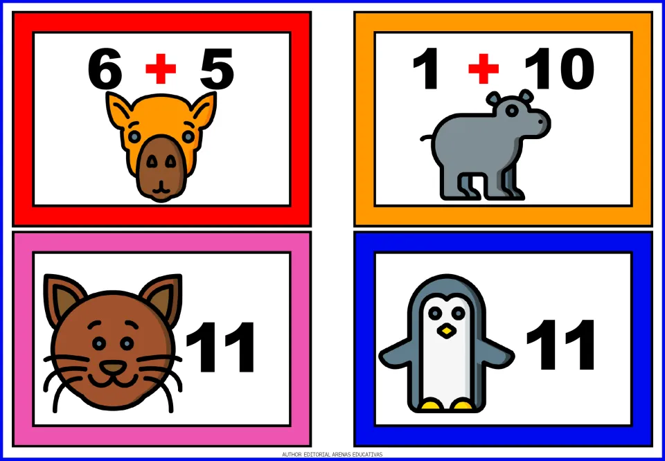 Animal addition matching cards 13–16: camel 6 + 5, hippo 1 + 10, cat answer 11, and penguin answer 11