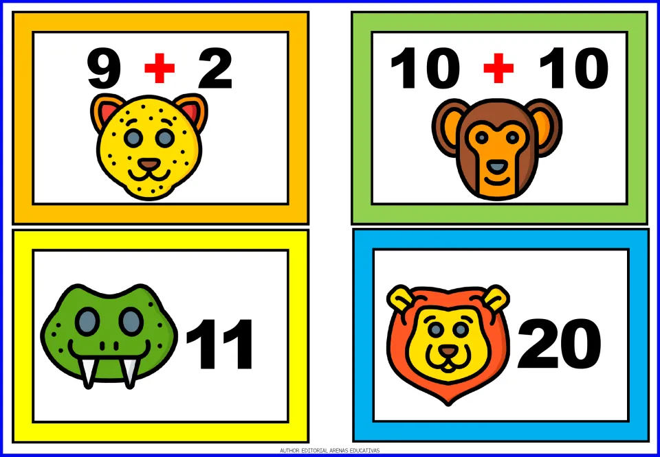 Animal addition matching cards 17–20: cheetah 9 + 2, monkey 10 + 10, snake answer 11, and lion answer 20