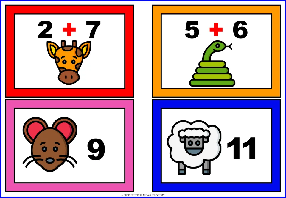 Animal addition matching cards 21–24: giraffe 2 + 7, snake 5 + 6, mouse answer 9, and sheep answer 11