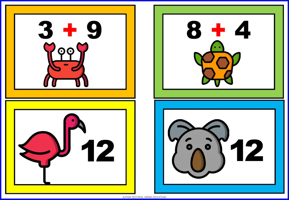 Animal addition matching cards 25–28: crab 3 + 9, turtle 8 + 4, flamingo answer 12, and koala answer 12
