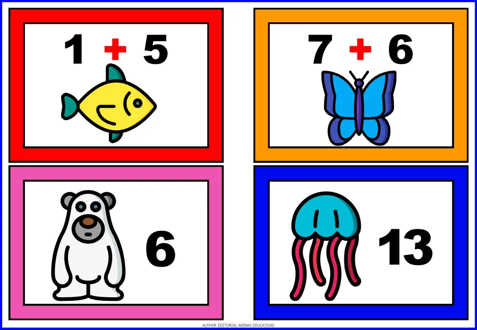 Animal addition matching cards 29–32: fish 1 + 5, butterfly 7 + 6, bear answer 6, and jellyfish answer 13