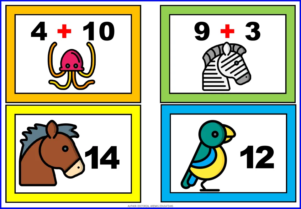 Animal addition matching cards 33–36: octopus 4 + 10, zebra 9 + 3, horse answer 14, and parrot answer 12
