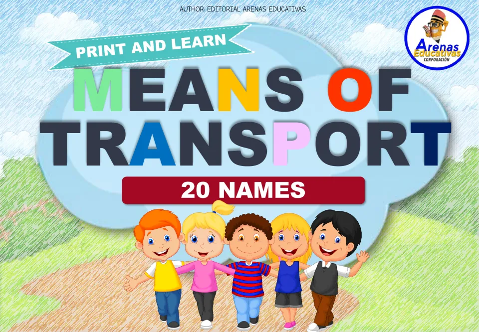 Transportation resource cover titled "Means of Transport," with the text "Print and Learn" and "20 Names"