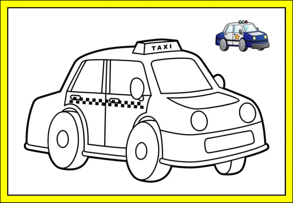 Transportation printable featuring a large taxi outline labeled "TAXI" and a small colored police car