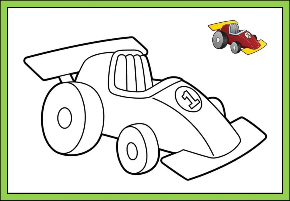 Transportation printable featuring a large race car outline marked 1 and a small red and yellow race car