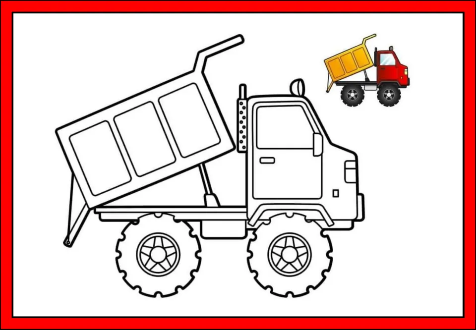 Transportation printable featuring a dump truck outline with its bed raised and a small colored example