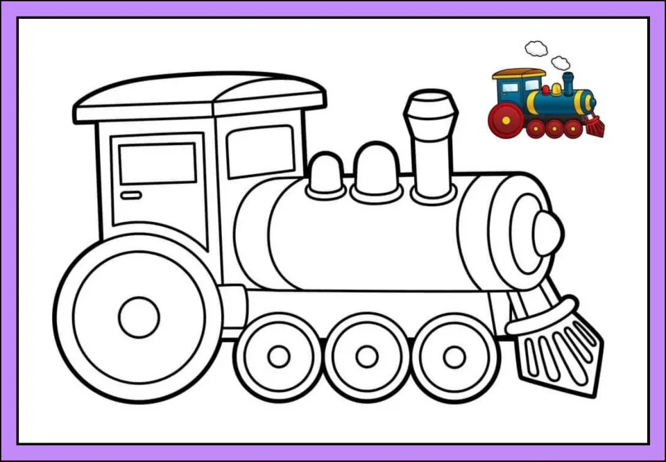 Transportation printable featuring a large steam locomotive outline and a small multicolored train example