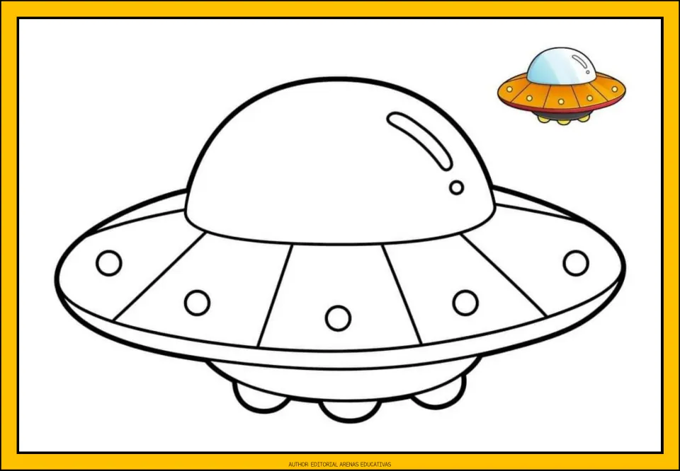 Transportation printable featuring a large flying saucer outline and a small orange saucer with a blue dome