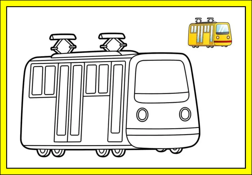 Transportation printable featuring a large tram outline with roof current collectors and a yellow example