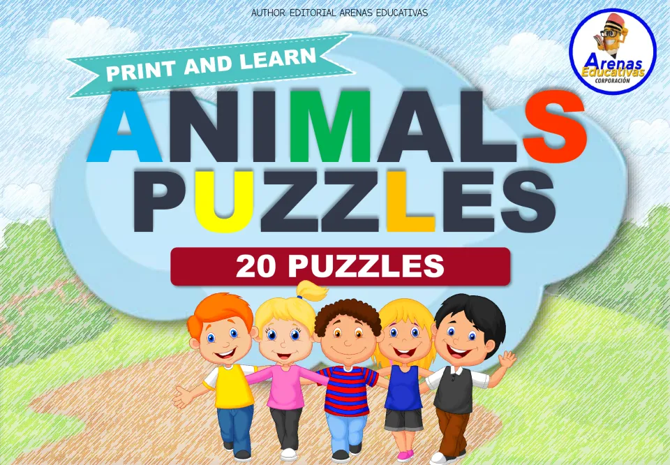 Animal puzzle resource cover with the headings “Print and Learn,” “Animals Puzzles,” and “20 Puzzles.”
