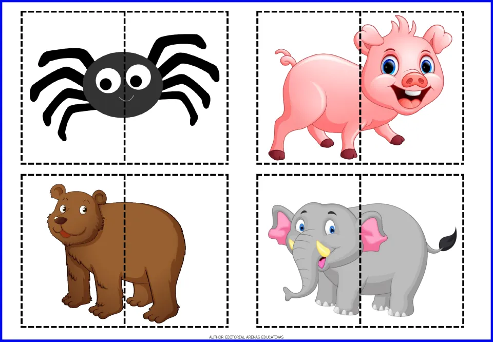 Animal cut-out puzzles 1–4 of the 20-puzzle set: a spider, pig, bear, and elephant, each in two pieces.