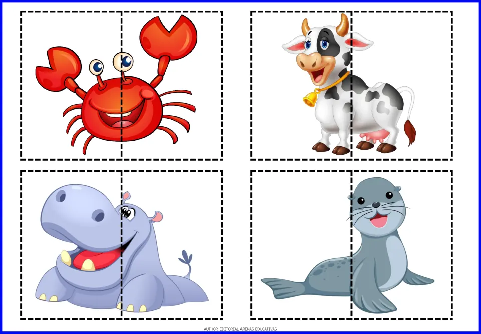 Animal cut-out puzzles 5–8 of the 20-puzzle set: a crab, cow, hippo, and seal, each divided into two pieces.