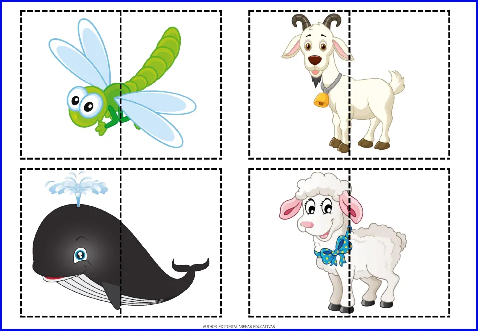 Animal cut-out puzzles 9–12 of the 20-puzzle set: a dragonfly, goat, whale, and sheep, each in two pieces.