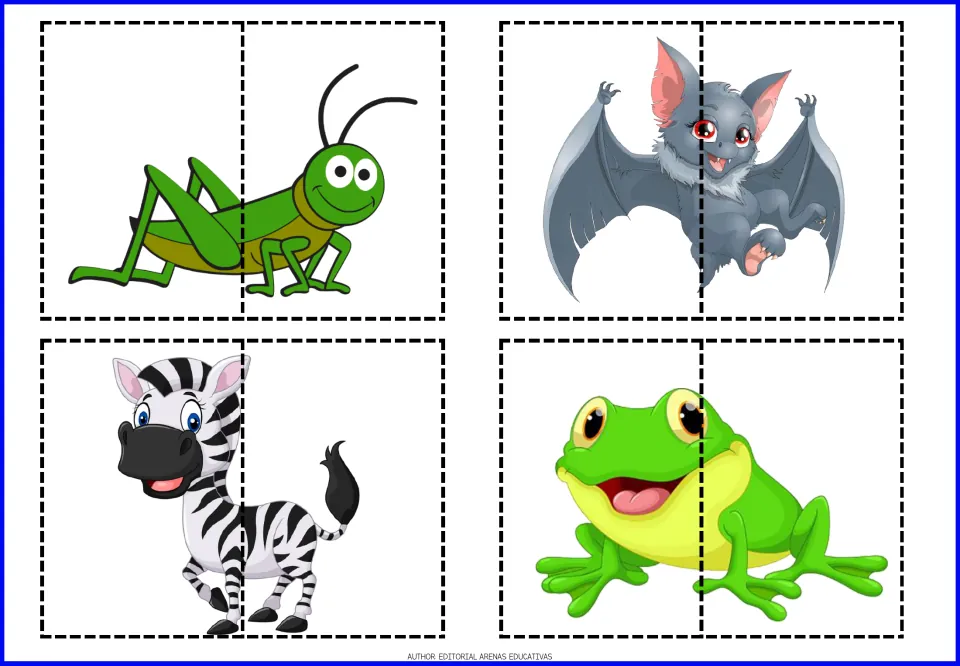 Animal cut-out puzzles 13–16 of the 20-puzzle set: a grasshopper, bat, zebra, and frog, each in two pieces.