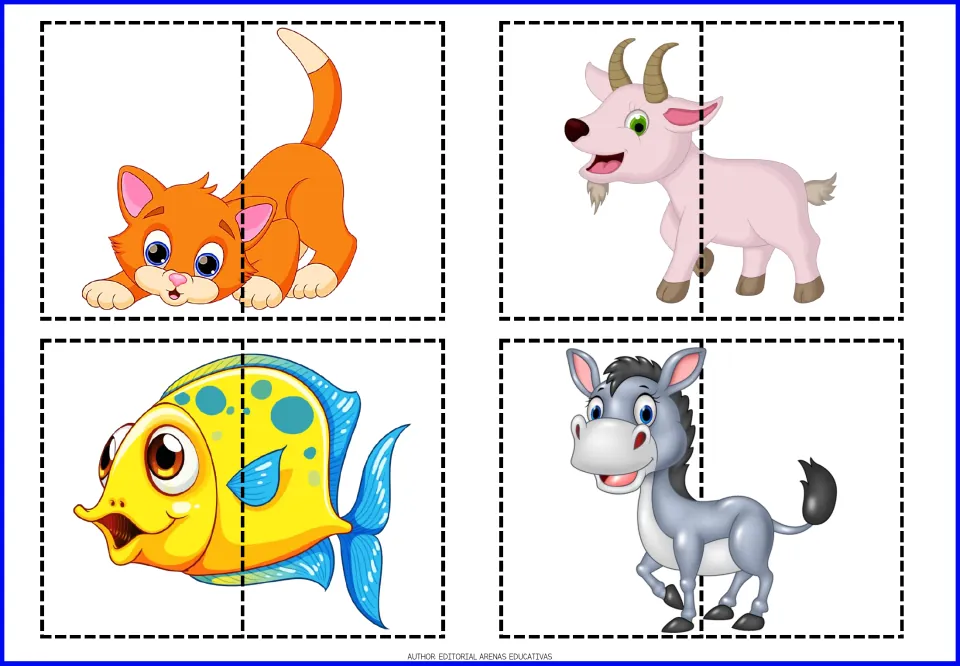 Animal cut-out puzzles 17–20 of the 20-puzzle set: a cat, goat, fish, and donkey, each divided into two pieces.