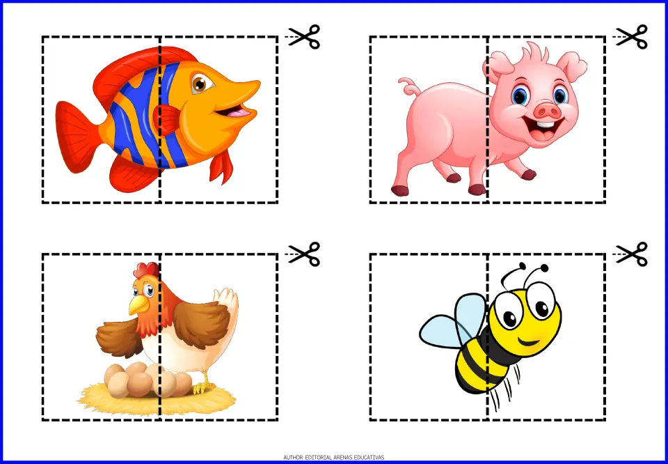 Animal cut-out puzzles 1–4: a fish, pig, hen and bee, each divided into two pieces to cut out and assemble