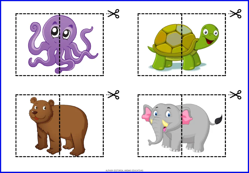 Animal cut-out puzzles 5–8: an octopus, turtle, bear and elephant, each split into two pieces to assemble