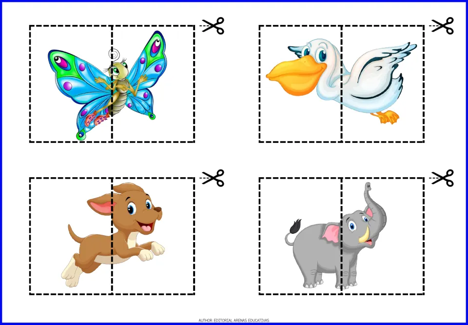 Animal cut-out puzzles 9–12: a butterfly, pelican, puppy and elephant, each split into two pieces to assemble