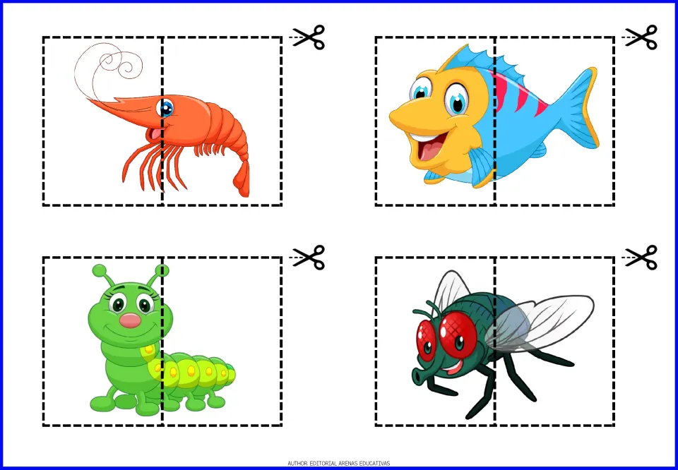 Animal cut-out puzzles 13–16: a shrimp, fish, caterpillar and fly, each split into two pieces to assemble