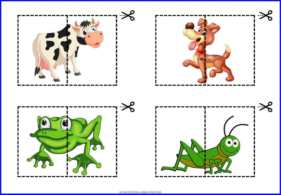 Animal cut-out puzzles 17–20: a cow, dog, frog and grasshopper, each divided into two pieces to assemble