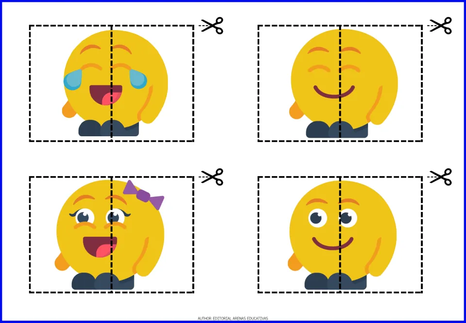 Emoji cut-out puzzles 1–4: laughing with tears, smiling with closed eyes, wearing a bow and smiling