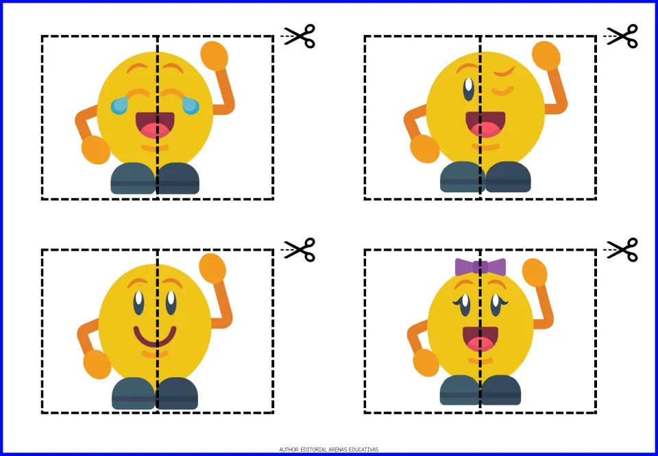 Emoji cut-out puzzles 5–8: four waving characters laughing with tears, winking, smiling and wearing a bow