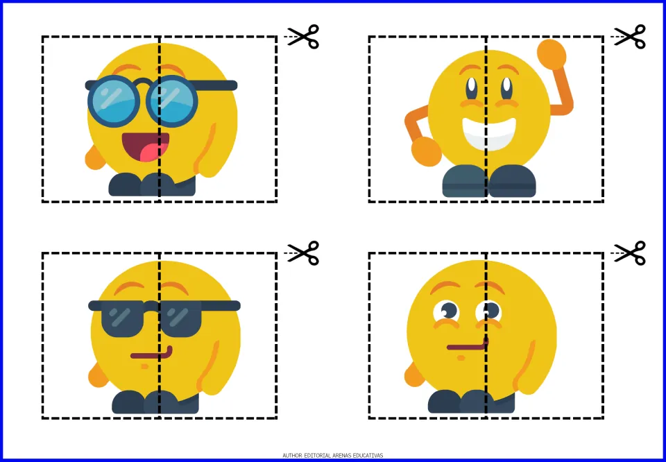 Emoji cut-out puzzles 9–12: round glasses, a waving toothy grin, sunglasses and an uneven mouth