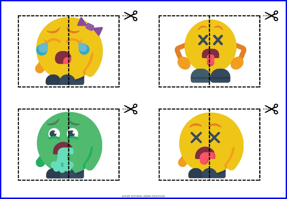 Emoji cut-out puzzles 13–16: a crying face with a bow, two tongue-out faces and a green vomiting face