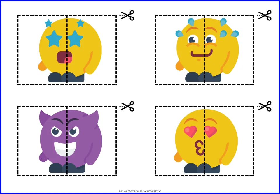 Emoji cut-out puzzles 17–20: star eyes, a sweating smile, a purple horned grin and heart eyes