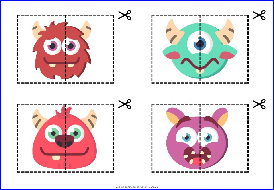 Monster cut-out puzzles 1–4: red furry, mint one-eyed, pink horned, and purple open-mouthed monsters