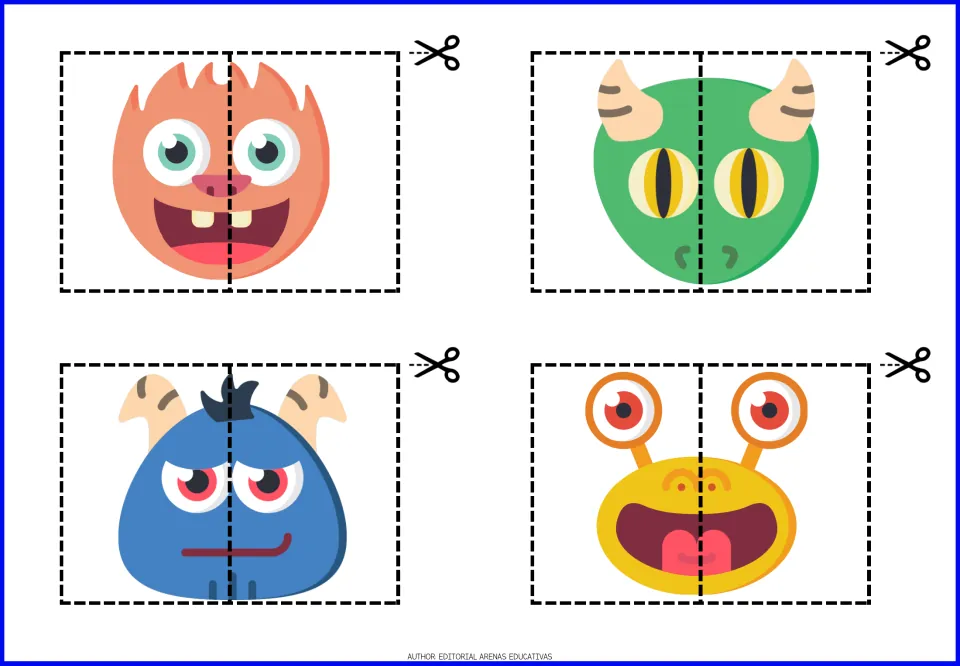 Monster cut-out puzzles 5–8: orange smiling, green horned, blue frowning, and yellow stalk-eyed monsters