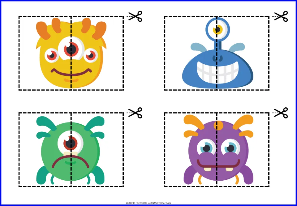 Monster cut-out puzzles 9–12: yellow three-eyed, blue grinning, green one-eyed, and purple monsters