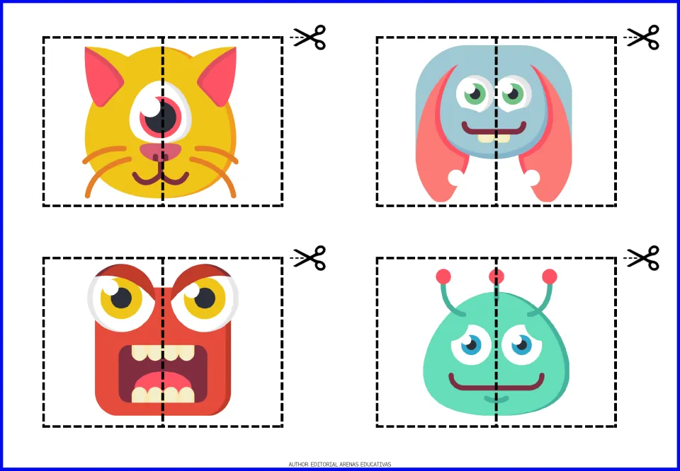 Monster cut-out puzzles 13–16: yellow catlike, blue long-eared, red open-mouthed, and mint monsters