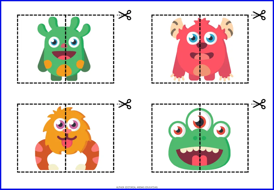 Monster cut-out puzzles 17–20: green spotted, pink horned, orange furry, and green three-eyed monsters