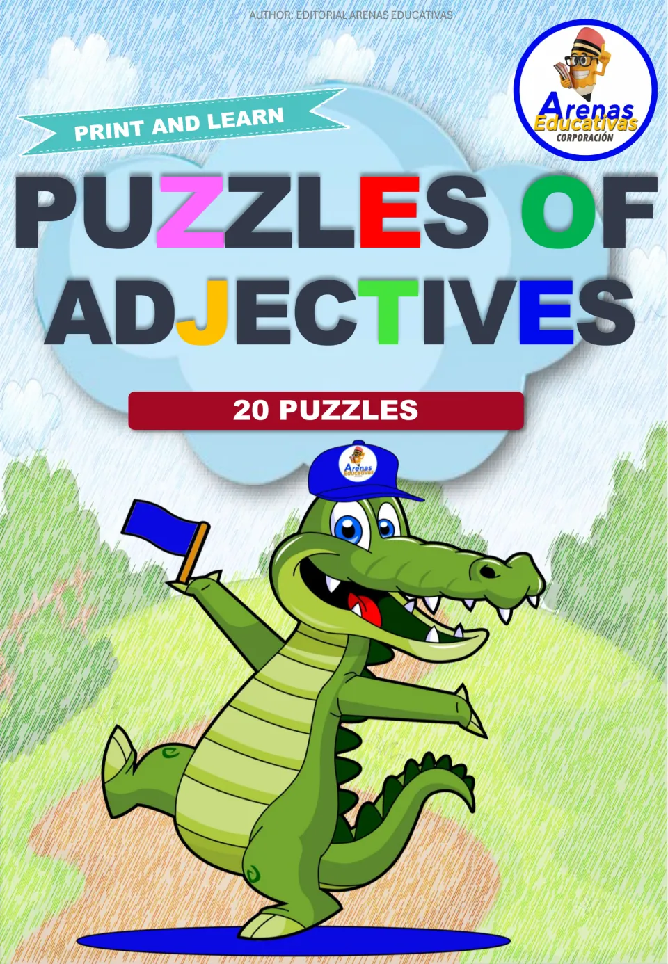Puzzles of Adjectives cover: Print and Learn, 20 puzzles, with a cartoon crocodile in a cap waving a flag