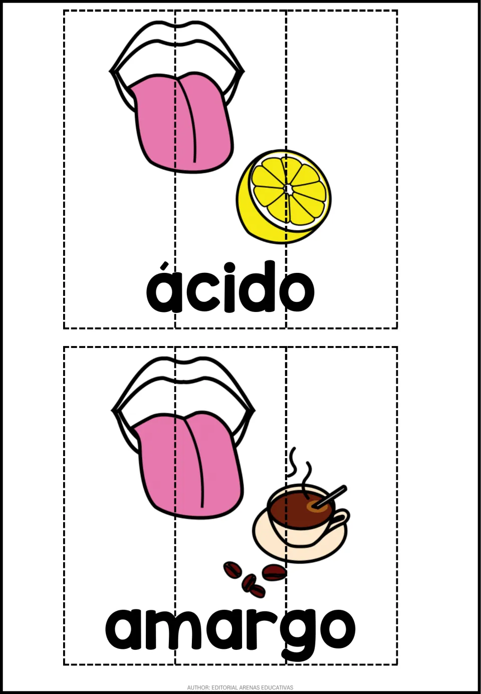 Spanish taste adjectives ácido and amargo: students cut each picture into 3 strips and rebuild a lemon or coffee cup