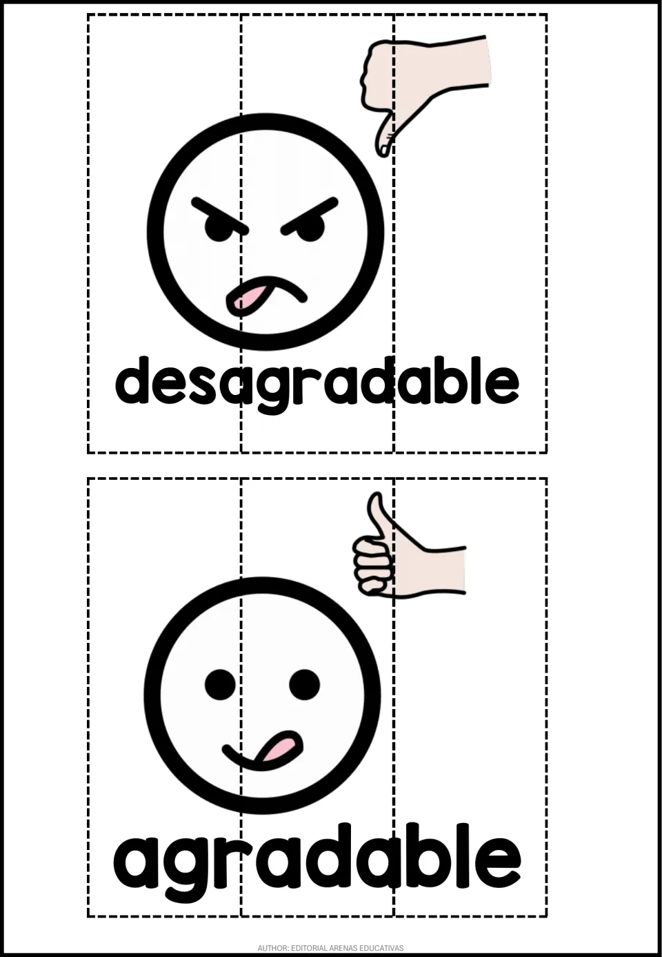 Desagradable and agradable puzzles: an angry face with thumbs down and a happy face with thumbs up, each cut in 3 parts