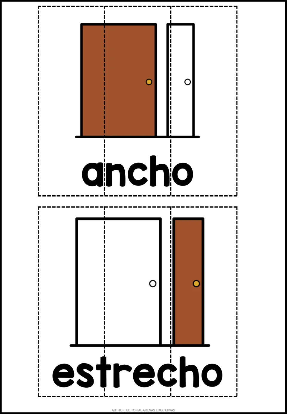 Ancho vs. estrecho: two three-piece Spanish puzzles comparing a wide brown door and a narrow brown door to reassemble