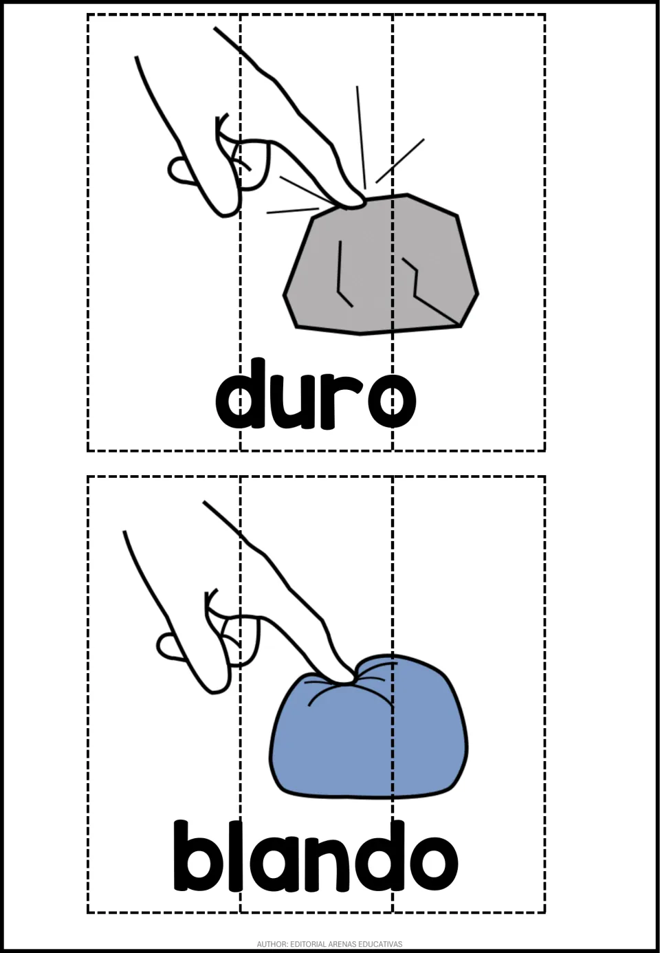 Duro and blando: finger pressing a gray rock and a soft blue ball; learners cut and piece together each 3-part picture