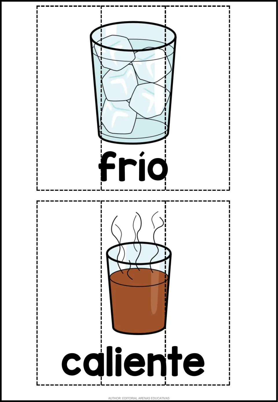 Frío y caliente: a glass of ice water and a steaming brown drink, each a 3-strip puzzle with its Spanish adjective below