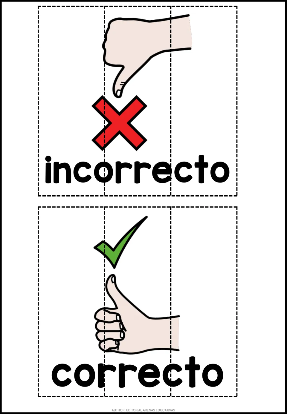 Incorrecto and correcto puzzles: red X with thumbs down and green check with thumbs up, split into three pieces each