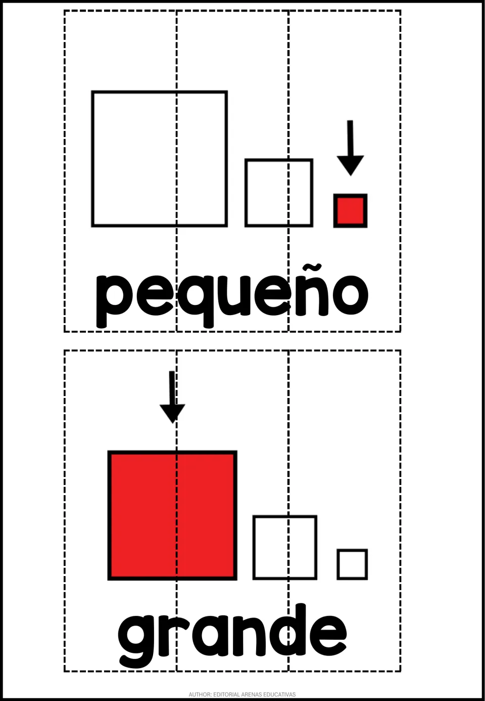 Pequeño and grande: arrows point to the smallest and largest red squares in two 3-piece adjective puzzles to cut out